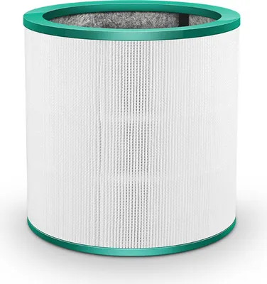 A cylindrical air purifier filter with a white pleated filter material and green top and bottom rims.