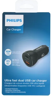 Produktbild von Philips Autoladegerät DLP2521/03 USB-A und USB-C Ausgang - Zigarettenanzünder - Schnelles Aufladen - Kompatibel mit iPhone und Samsung - Schwarz
