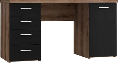 Produktbild von Schreibtisch >NET106< mit 4 Schubladen, in Schwarz/Schlammeiche Nachbildung - 145x76,3x60cm (BxHxT)