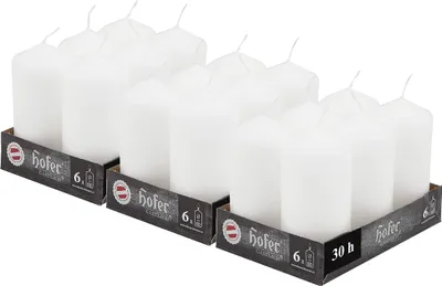 Produktbild von HOFER Stumpenkerzen 18 Stück Set – Weiß – 6 x 12 cm – 39h Brenndauer, Tropffrei, Deko Kerzen für Tisch & Feier