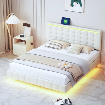 A modern bedroom setting with a white bed and ambient lighting.