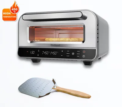 Produktbild von BOLKANI Elektrischer Pizzaofen mit Pizzastein & Pizzaschieber – 450°C für knusprige Steinofen-Pizza in 2 Minuten – 1700W, Timer Innenbeleuchtung.
