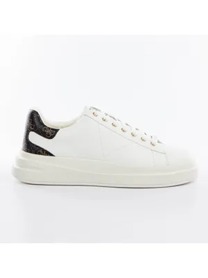 A white Guess sneaker with brown and black accents on a white background.