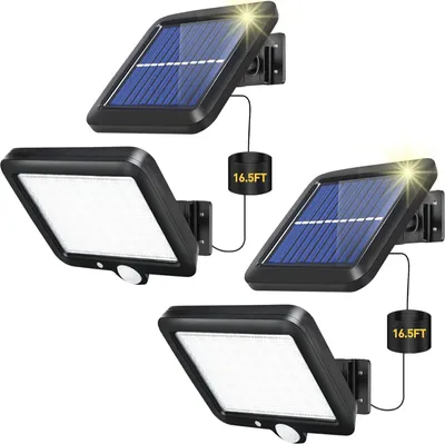 Four solar-powered outdoor lights with motion sensors, each with a separate solar panel connected by a wire.