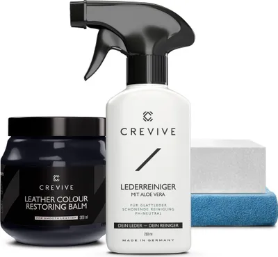 Produktbild von CREVIVE Lederreiniger 250 ml & Leder Reparatur Set Marineblau 300 ml - Lederpflege Auto - Lederreparatur Sofa - Autositz Reparatur