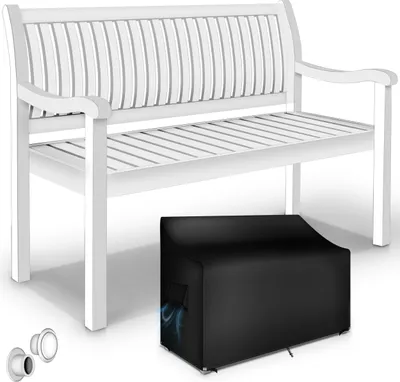 A white wooden garden bench with a black cover underneath it. Two small white circular objects are in the bottom left corner.