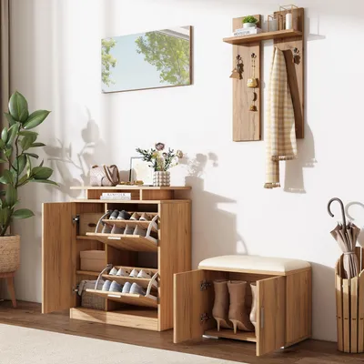 A hallway scene featuring a furniture set for an entryway.