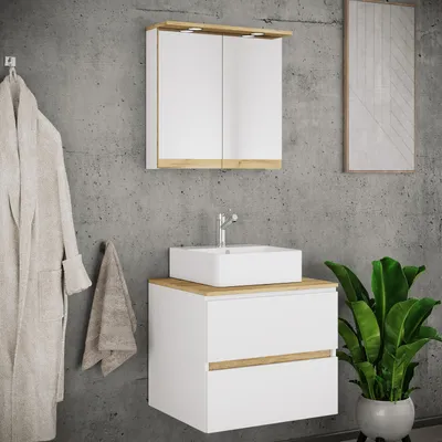 Produktbild von VCM 3-tlg. Waschtisch Set mit Keramikbecken, Badschrank mit 2 Softclose-Schubladen, Spiegelschrank mit Beleuchtung und Steckdose, Maße Unterschrank H. 51 x B. 60 x T. 51 cm, Cosila-A