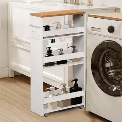 Image de Chariot de cuisine à 4 étages, chariot de niche étroit avec roulettes, en acier, avec poignée, pour les petits espaces, 40 x 20 x 80 cm, cuisine, salle de bains, salon, bureau, couleur chêne + blanc