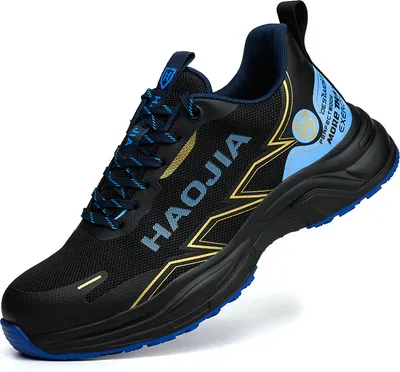 A single black athletic shoe with blue and gold accents is shown against a white background.