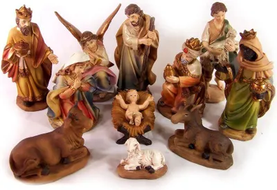 Produktbild von Krippenfiguren Set aus Polyresin, handbemalt. Markuskrippe. 11 Tlg. 11 cm.