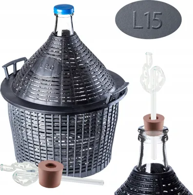 Obrázok produktu pre Sada sklenených karbošov KADAX "Alatri", fermentačný karboš s plastovým košom a fermentačným príslušenstvom, gumová zátka, sklenená fermentačná trubica, fľaša, 15 litrov