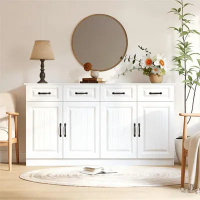 Produktbild von okwish Sideboard Kommode 4 Schubladen und 4 Türen Aufbewahrungsschrank mit Metallgriffen und 2 Ablageflächen geriffeltem Design Wohnzimmerschrank Viel Stauraum Weiß