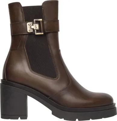 A single brown leather boot with a black heel and sole, shown from the side against a white background.