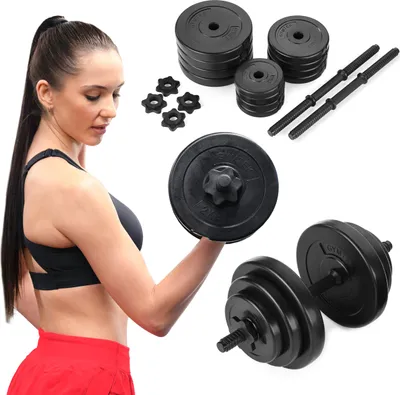 A woman is shown lifting a dumbbell, with various dumbbell weights and bars arranged around her.