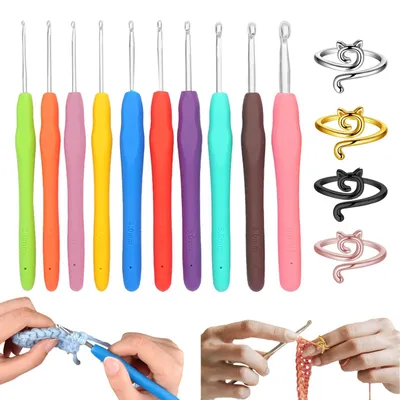 Productafbeelding van Hakennaalden-set - 10-delig met ergonomische handgrepen en 4 hakenringen - voor handwerk - multicolor - 10 maten van 2,0 mm tot 6,5 mm