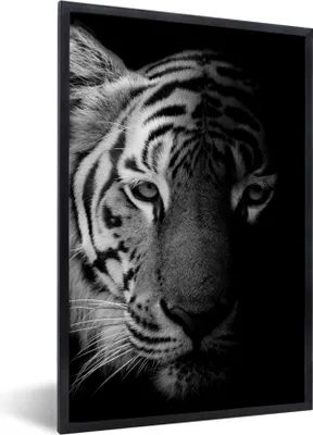 Produktbild von MuchoWow® Gerahmtes Poster Tiger - Tiere - Wild - Schwarz - Weiß 60x90 cm - Poster mit Schwarzem Bilderrahmen Wandposter Rahmen Foto Bilder - Kunst
