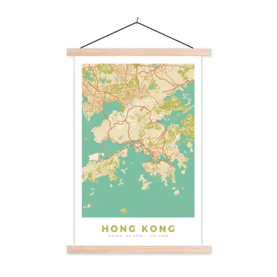 Produktbild von MuchoWow® Textilposter Karte - Hongkong - Stadtplan - Vintage - Karte 60x90 cm mit holzfarbenen Rahmen - Textil