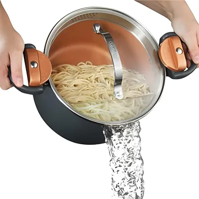 Produktbild von PolkaHome® Multifunktionaler Pasta-Topf mit Siebdeckel und Twist-Lock-Griffen, antihaftbeschichtete Keramikoberfläche, 4 Liter, Graphit
