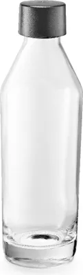 A clear glass bottle with a gray cap.