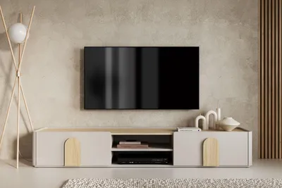 Zdjęcie produktu dla Szafka RTV 220 cm z szufladą kaszmir dąb olejowany dąb jasny niskie nóżki