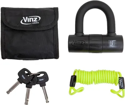 Produktbild von VINZ Dinara Bremsscheibenschloss ART4 | Schloss für Motorrad Roller Moped Scooter für Bremsscheiben mit Errinerungskabel | Scheibenschloss mit 3 Schlüssel | Schwarz