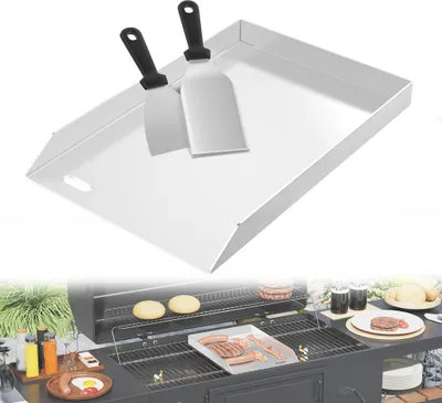 Obrázek produktu pro UISEBRT Grilovací deska Plancha z nerezové oceli 30x45 cm bez rukojetí - 4 mm silná, žáruvzdorná a nerezavějící - Pro grilování na plynu a dřevěném uhlí, včetně špachtle a škrabky, ideální pro maso, ryby a zeleninu