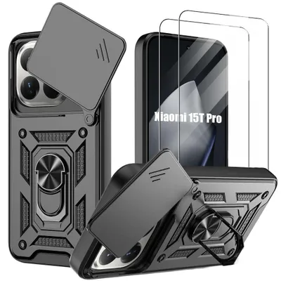 Image de Coque + 2 Verres Trempés pour Xiaomi 15T Pro, Antichoc avec Anneau et Protection Objectif Coulissante - Noir