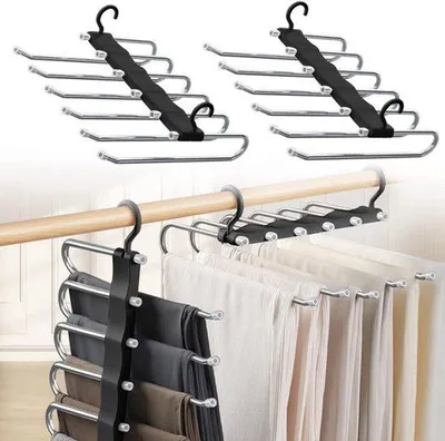 Produktbild von 6-in-1 Hosenanhänger, platzsparend, 2 Hosen, Edelstahl Kleiderbügel, ausziehbar, Garderobenhalter, magischer Anhänger, Hosenorganisator, Schals, Jeans