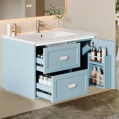Immagine prodotto di Mobile da bagno sospeso 76x46x51 cm con lavabo, illuminazione a LED blu con sensore di movimento, cassetti con chiusura ammortizzata, laccato, senza rubinetteria
