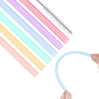 Obrázek produktu pro Silikonové brčka, 6 kusů, opakovaně použitelné, průhledné, bez BPA, s čisticím kartáčkem, délka 23,5 cm, vnější průměr 8 mm