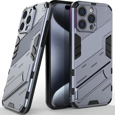 Produktbild von Armor Hülle für iPhone 15 Pro Max, Hybrid PC TPU Bumper Stoßfestes Schutzhülle mit Standfunktion Grau
