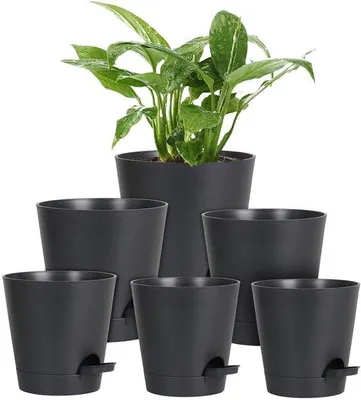 Productafbeelding van Unyqoos® Set van 6 zelfwaterende bloempotten, polypropyleen, 12,7–20,3 cm (5"–8"), met bewateringssysteem en afvoergaten, geschikt voor binnen- en buitengebruik