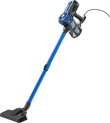 A blue and black corded stick vacuum cleaner is shown against a white background.