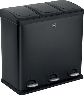 A black, three-compartment trash can with pedal-operated lids.
