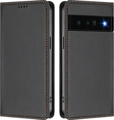 Image de Etui en cuir pour Google Pixel 6 Pro, étui magnétique en cuirPolyuréthaneavec support Noir
