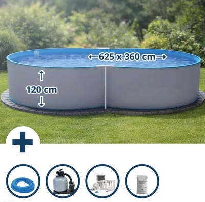 Produktbild von Stahlwandpool Set (5-teilig) achtform Colorado 625x360x120 cm, Stahl 0,6 mm weiß Folie 0,6 mm blau, Einhängebiese