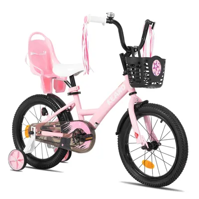 A pink children's bicycle with training wheels, a basket, and a doll seat, shown against a white background.