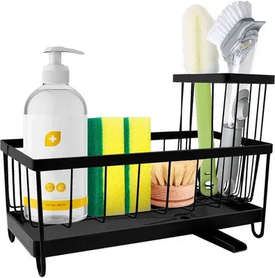 Imagen del producto de Organizador de fregadero de acero inoxidable Unyqoos® con bandeja extraíble – 3 compartimentos, resistente a la corrosión, ideal para la cocina y el baño, y que ahorra espacio