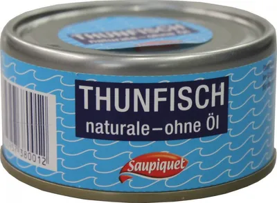 A can of Saupiquet tuna in a blue and white wavy pattern.