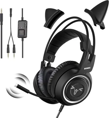 Produktbild von QUALITÄTSLEISTUNG Gaming-Headset mit Mikrofon, Mädchen Frauen Rosa Katze Ohr-Kopfhörer mit 3,5-mm-Kabel für Xbox One, PS4, Smartphone