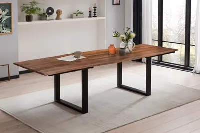 Produktbild von Esstisch mit Ansteckplatten 200(300)x100 cm Baumkante Akazie nussbaum U-Gestell schwarz ADINA