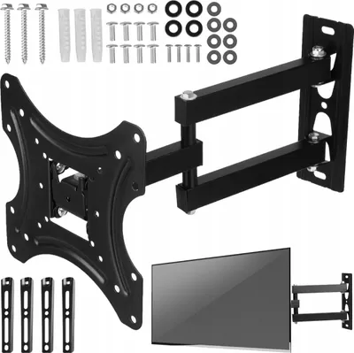 A black TV wall mount with included hardware and a representation of a TV.