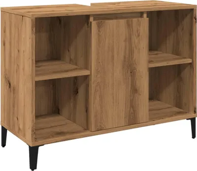 A wooden cabinet with a sliding door and shelves, shown against a white background.