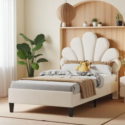 Produktbild von INONEFT Polsterbett Kinderbett 90x200 cm, Einzelbett für Mädchen, Jugendbett Bettgestell mit mit Kopfteil in Blumenform und Lattenrost, Samt Beige