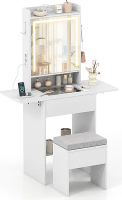 Produktbild von COSTWAY Schminktisch Kosmetiktisch schmal mit 3 Farbe LED Spiegel & Schminkhocker, Frisiertisch mit Glasplatte, Steckdosen & klappbaren Seitenteilen