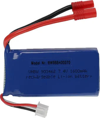 Produktbild von vhbw Akku kompatibel mit 3,5 mm Bananenstecker für Modellbau z.B. Racing Car, Helikopter, Flugzeug (1600mAh, 7,4V, Li-Polymer, 70 x 34 x 18 mm)