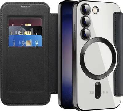 Produktbild von Klapphülle für Samsung Galaxy S23+ Kompatibel mit Magsafe, Klar Überzug Kartenhalter Ledertasche mit Kameraschutz Schwarz
