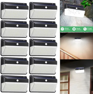 Collage of solar powered wall lights, showing multiple units and examples of their use in different outdoor settings.