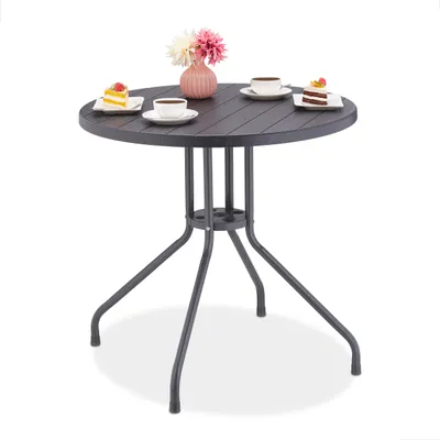 Produktbild von Relaxdays Gartentisch, H x Ø: 75 x 80 cm, Balkontisch in Holzoptik, Kunststoff & Stahl, runder Terrassentisch, grau